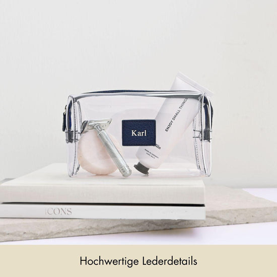 Kosmetiktasche genarbtes Leder | Nachtblau & Silber – Vorbestellung